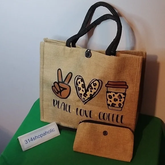 "Peace, Love, Coffee" Tote Bag With Coin Purse - Picture 4 of 6